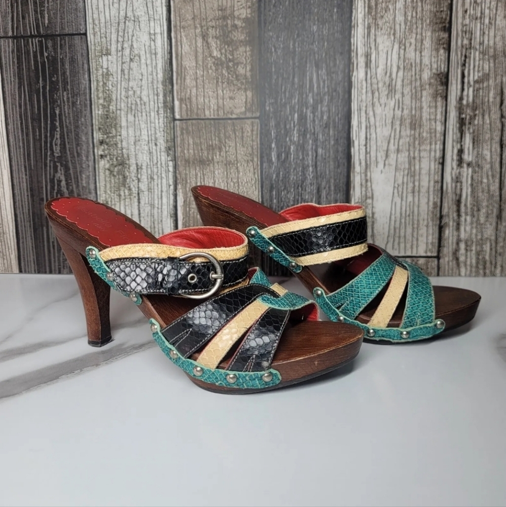 Isabella Fiore Sandals Size 7 Wood Leather Slip On Open Slides Heels 3.5" Multi - Picture 1 of 11